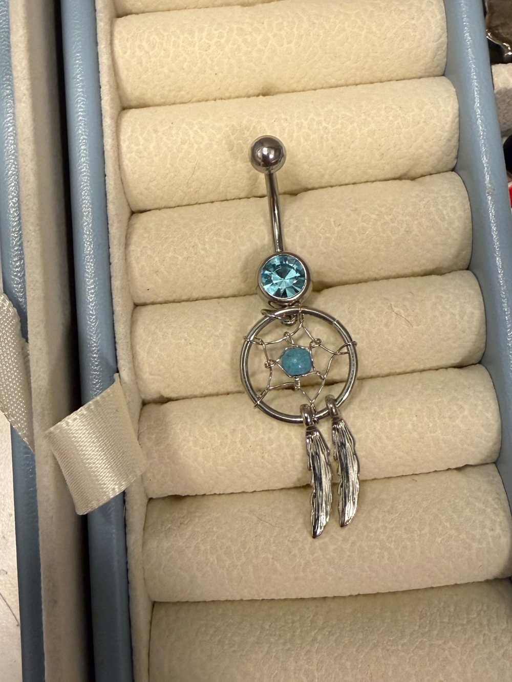 Silver Dreamcatcher Belly Ring with Aqua Blue Gem - Women Jewelry